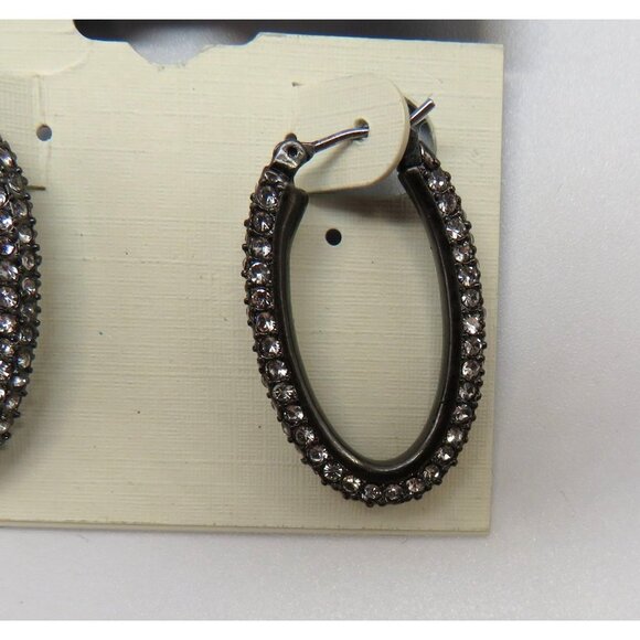 Lucky Brand Earrings Oval Crystal Encrusted Hoop Pierced Gunmetal Gray New - Picture 9 of 9